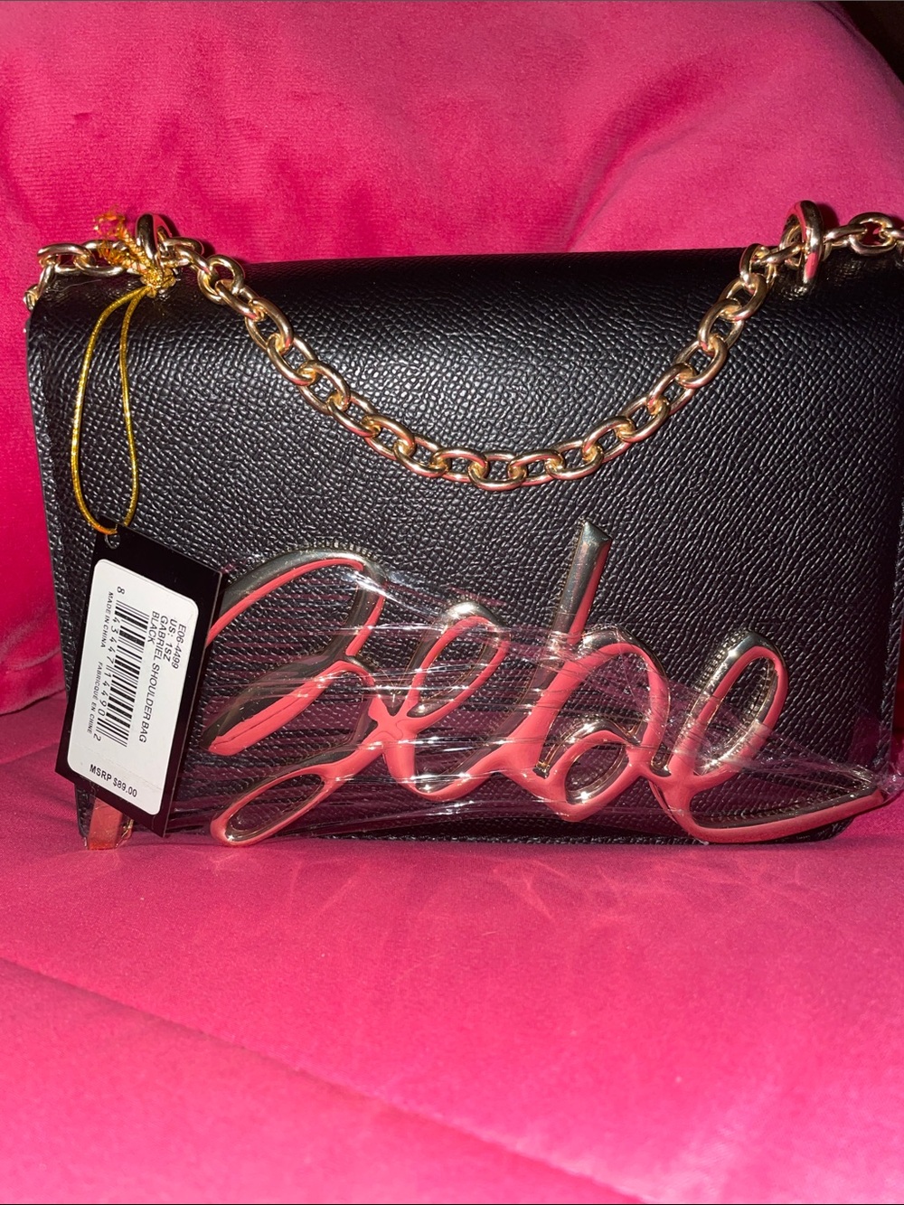 bebe Black Crossbody Bag with Gold Chain and Pink Script Accent